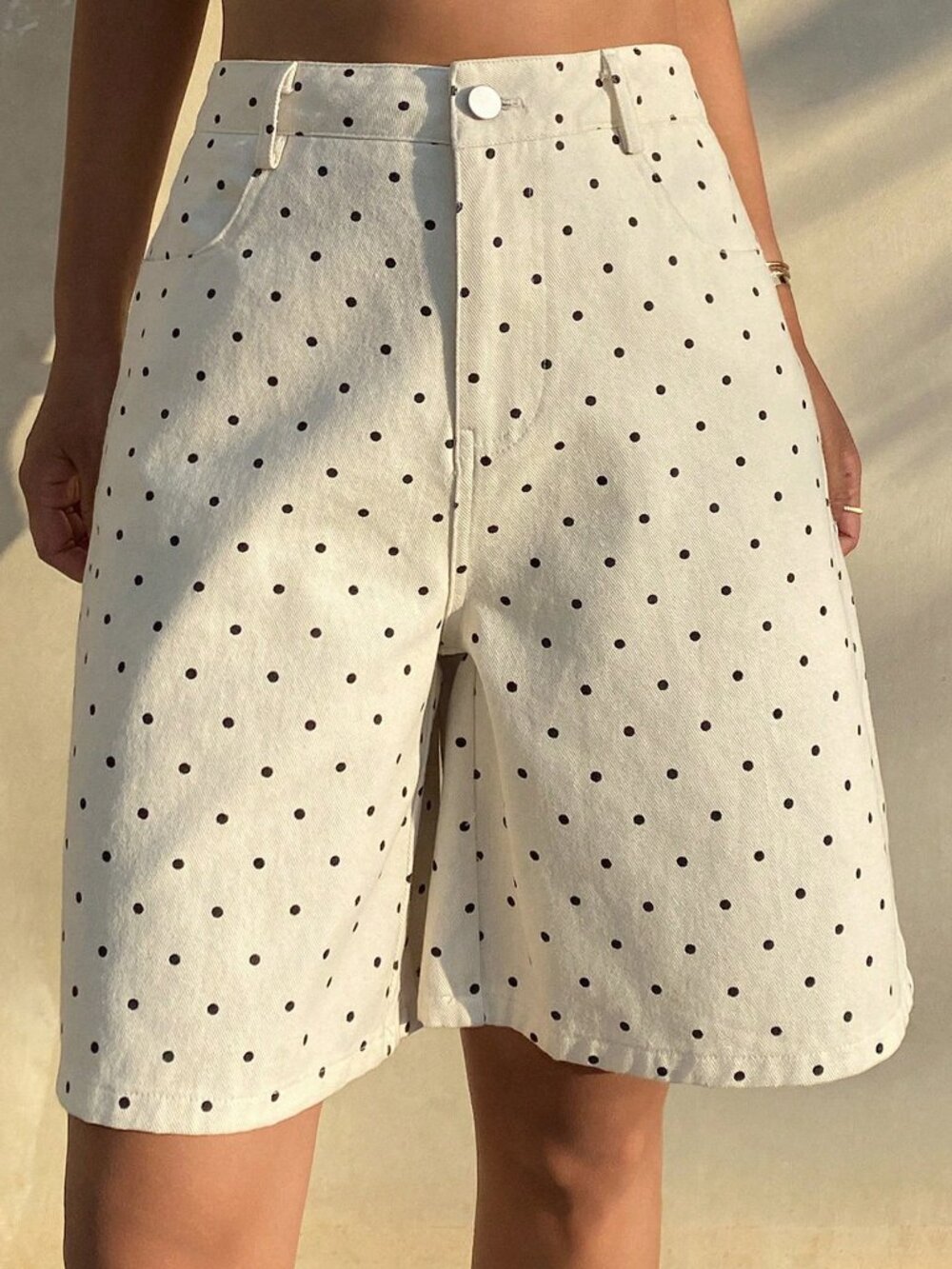 White Casual Women's Loose Beach Wear Polka Dot Denim Shorts Jorts